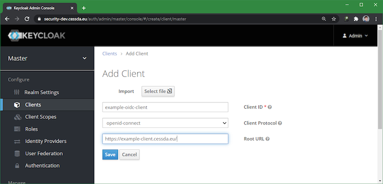 Client creation screen, with an example client id and URL